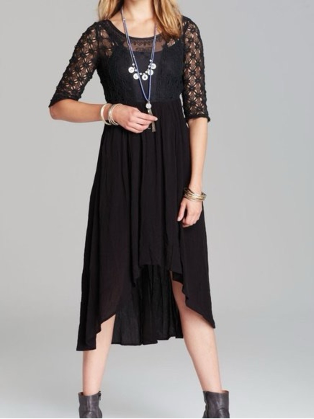 Free People back midi dress crochet lace high low 6 🖤